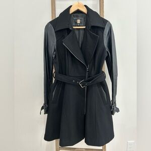 Gallery Black Wool Blend Trench Coat Full Zip Belted Faux Leather Sleeves Size S